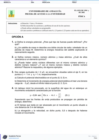 Vista previa de Modelo PAU de Física de Andalucía 2004 – Modelo 6