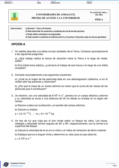 Vista previa de Modelo PAU de Física de Andalucía 2005 – Modelo 1