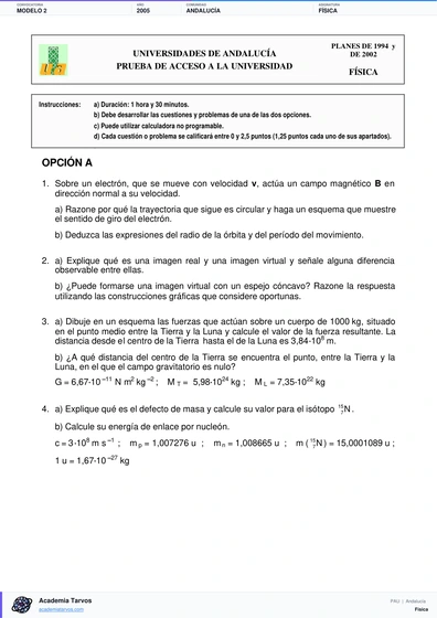 Vista previa de Modelo PAU de Física de Andalucía 2005 – Modelo 2