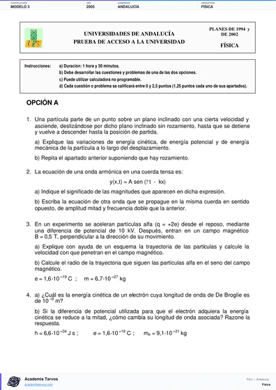 Vista previa de Modelo PAU de Física de Andalucía 2005 – Modelo 3