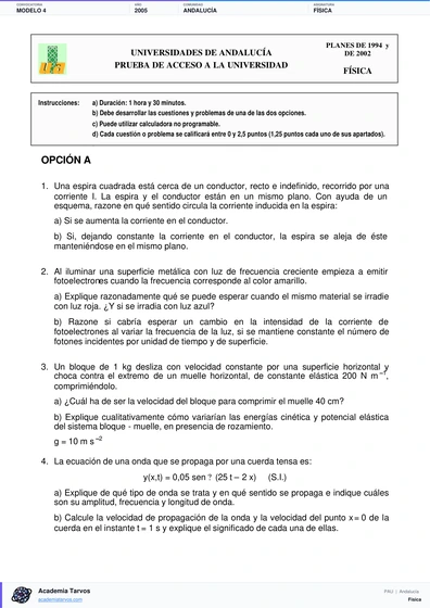 Vista previa de Modelo PAU de Física de Andalucía 2005 – Modelo 4