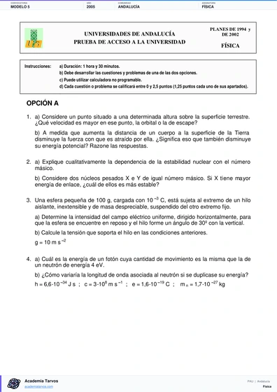 Vista previa de Modelo PAU de Física de Andalucía 2005 – Modelo 5