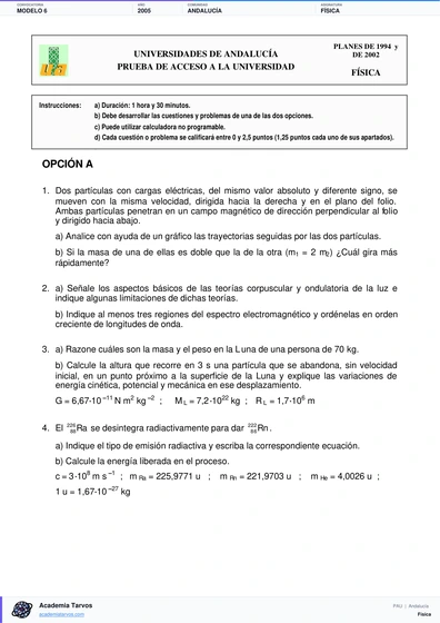 Vista previa de Modelo PAU de Física de Andalucía 2005 – Modelo 6