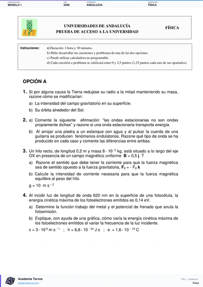 Vista previa de Modelo PAU de Física de Andalucía 2006 – Modelo 1