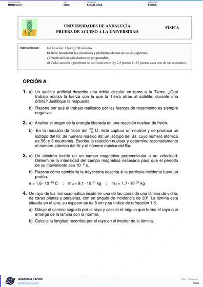 Vista previa de Modelo PAU de Física de Andalucía 2006 – Modelo 2