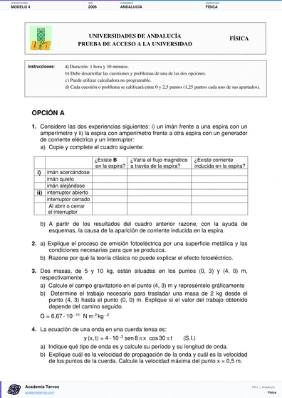 Vista previa de Modelo PAU de Física de Andalucía 2006 – Modelo 4
