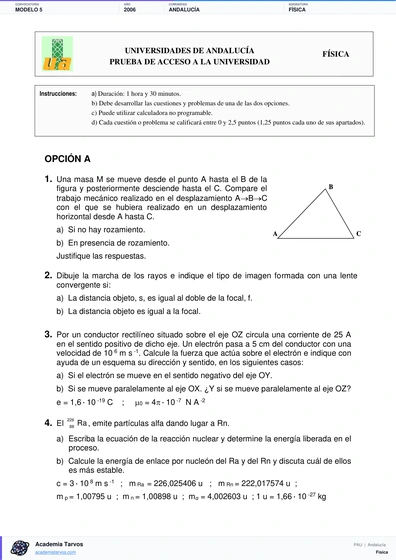 Vista previa de Modelo PAU de Física de Andalucía 2006 – Modelo 5