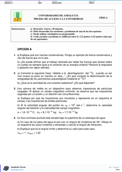 Vista previa de Modelo PAU de Física de Andalucía 2007 – Modelo 1