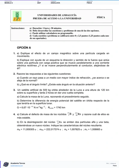 Vista previa de Modelo PAU de Física de Andalucía 2007 – Modelo 2