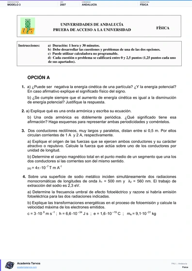 Vista previa de Modelo PAU de Física de Andalucía 2007 – Modelo 3