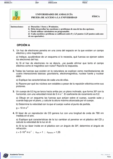 Vista previa de Modelo PAU de Física de Andalucía 2007 – Modelo 4