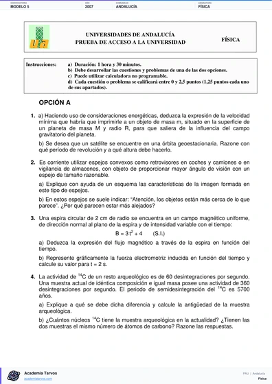 Vista previa de Modelo PAU de Física de Andalucía 2007 – Modelo 5