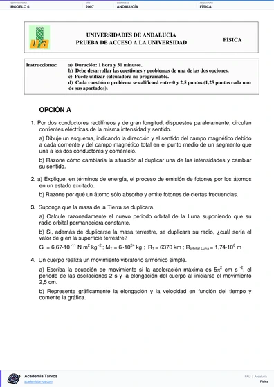 Vista previa de Modelo PAU de Física de Andalucía 2007 – Modelo 6