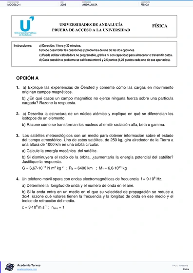 Vista previa de Modelo PAU de Física de Andalucía 2008 – Modelo 1
