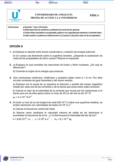 Vista previa de Modelo PAU de Física de Andalucía 2008 – Modelo 2