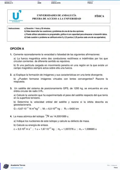Vista previa de Modelo PAU de Física de Andalucía 2008 – Modelo 3
