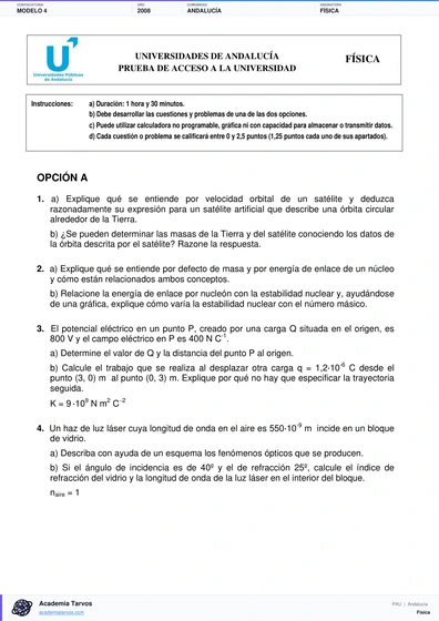 Vista previa de Modelo PAU de Física de Andalucía 2008 – Modelo 4