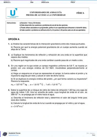 Vista previa de Modelo PAU de Física de Andalucía 2008 – Modelo 5