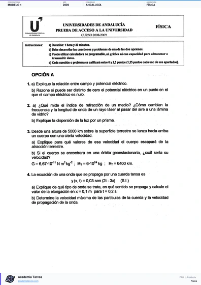 Vista previa de Modelo PAU de Física de Andalucía 2009 – Modelo 1