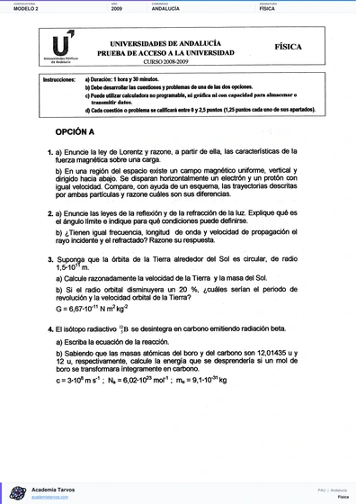 Vista previa de Modelo PAU de Física de Andalucía 2009 – Modelo 2