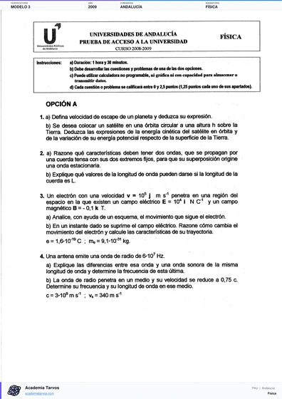 Vista previa de Modelo PAU de Física de Andalucía 2009 – Modelo 3
