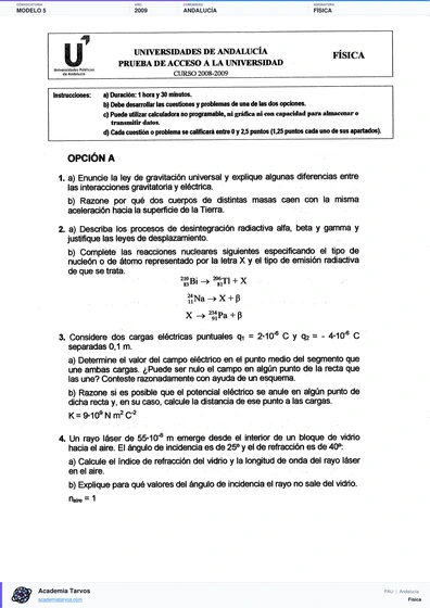 Vista previa de Modelo PAU de Física de Andalucía 2009 – Modelo 5