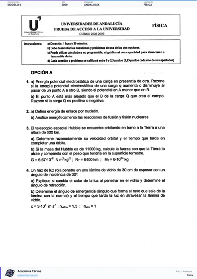 Vista previa de Modelo PAU de Física de Andalucía 2009 – Modelo 6