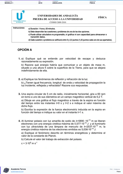 Vista previa de Modelo PAU de Física de Andalucía 2010 – Modelo 1