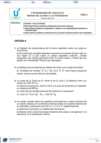 Vista previa de Modelo PAU de Física de Andalucía 2010 – Modelo 2