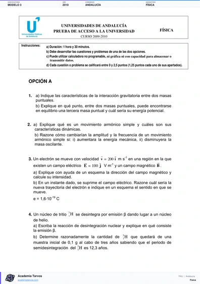 Vista previa de Modelo PAU de Física de Andalucía 2010 – Modelo 3
