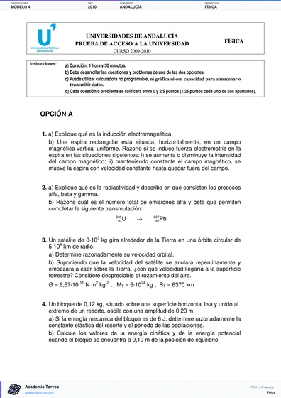 Vista previa de Modelo PAU de Física de Andalucía 2010 – Modelo 4