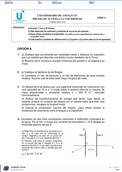 Vista previa de Modelo PAU de Física de Andalucía 2010 – Modelo 5
