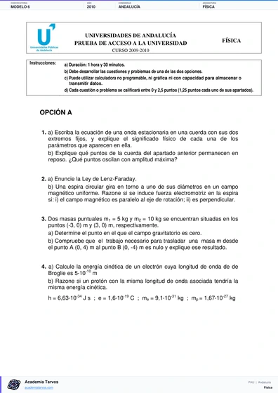 Vista previa de Modelo PAU de Física de Andalucía 2010 – Modelo 6