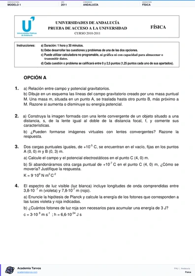Vista previa de Modelo PAU de Física de Andalucía 2011 – Modelo 1