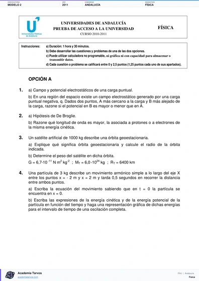 Vista previa de Modelo PAU de Física de Andalucía 2011 – Modelo 2