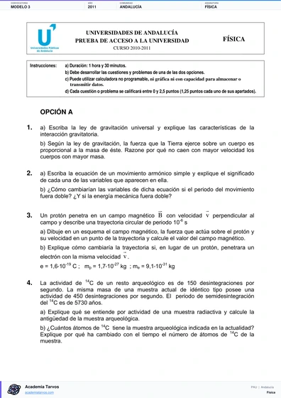 Vista previa de Modelo PAU de Física de Andalucía 2011 – Modelo 3
