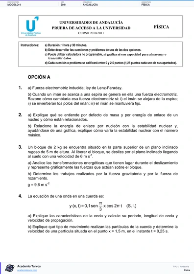 Vista previa de Modelo PAU de Física de Andalucía 2011 – Modelo 4