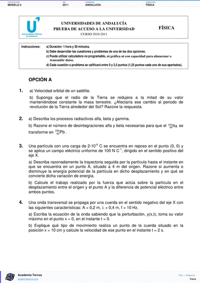 Vista previa de Modelo PAU de Física de Andalucía 2011 – Modelo 5