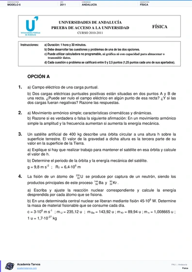 Vista previa de Modelo PAU de Física de Andalucía 2011 – Modelo 6