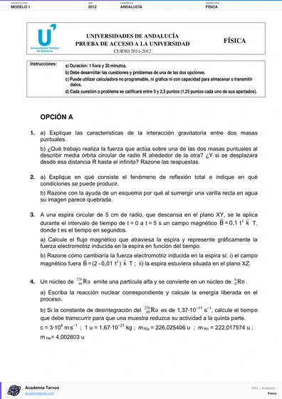Vista previa de Modelo PAU de Física de Andalucía 2012 – Modelo 1