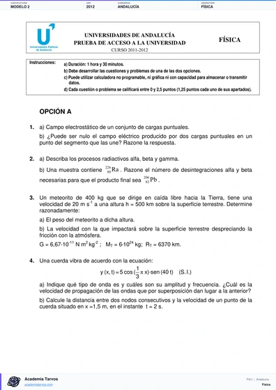 Vista previa de Modelo PAU de Física de Andalucía 2012 – Modelo 2