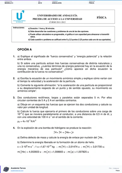 Vista previa de Modelo PAU de Física de Andalucía 2012 – Modelo 3
