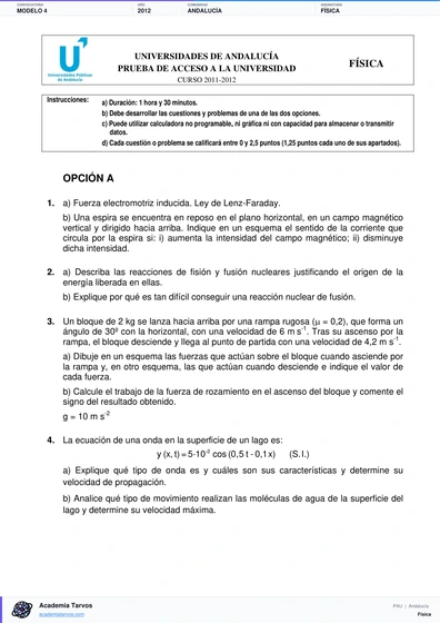 Vista previa de Modelo PAU de Física de Andalucía 2012 – Modelo 4