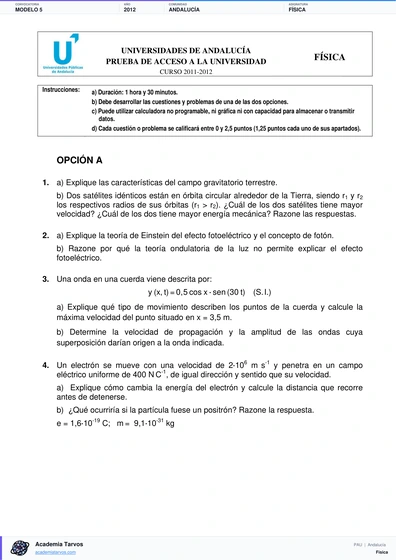 Vista previa de Modelo PAU de Física de Andalucía 2012 – Modelo 5