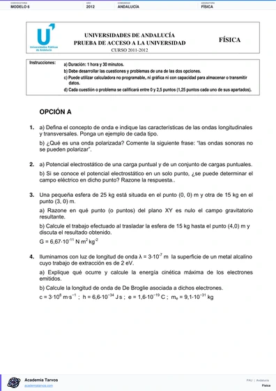 Vista previa de Modelo PAU de Física de Andalucía 2012 – Modelo 6