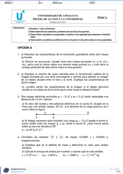 Vista previa de Modelo PAU de Física de Andalucía 2013 – Modelo 1