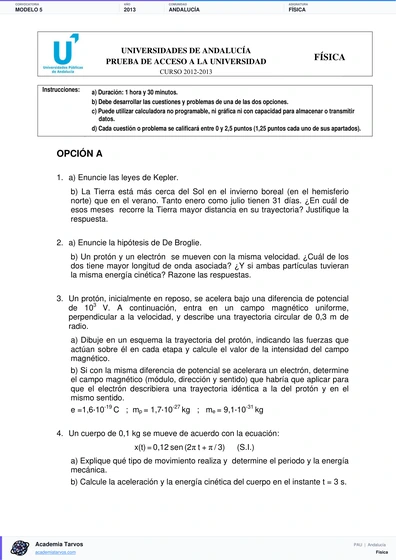Vista previa de Modelo PAU de Física de Andalucía 2013 – Modelo 5
