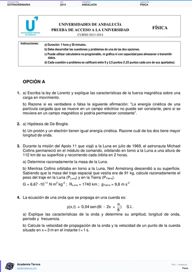 Vista previa de Examen PAU de Física de Andalucía 2014 – Extraordinaria
