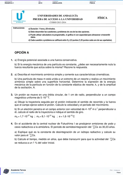 Vista previa de Examen PAU de Física de Andalucía 2014 – Reserva 1