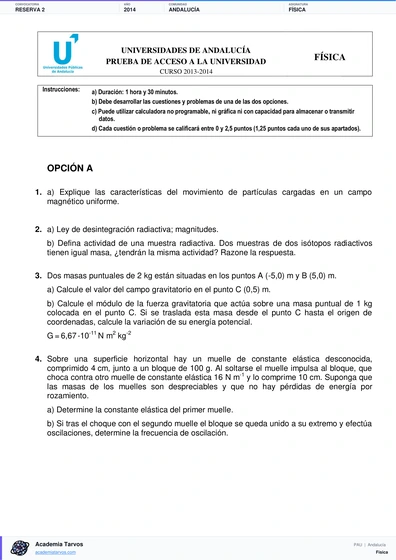 Vista previa de Examen PAU de Física de Andalucía 2014 – Reserva 2